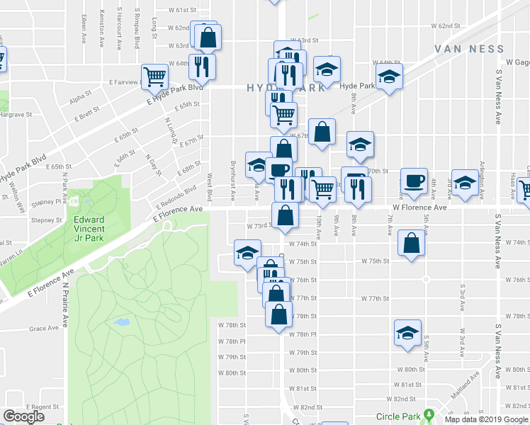 map of restaurants, bars, coffee shops, grocery stores, and more near 7112 South Victoria Avenue in Los Angeles