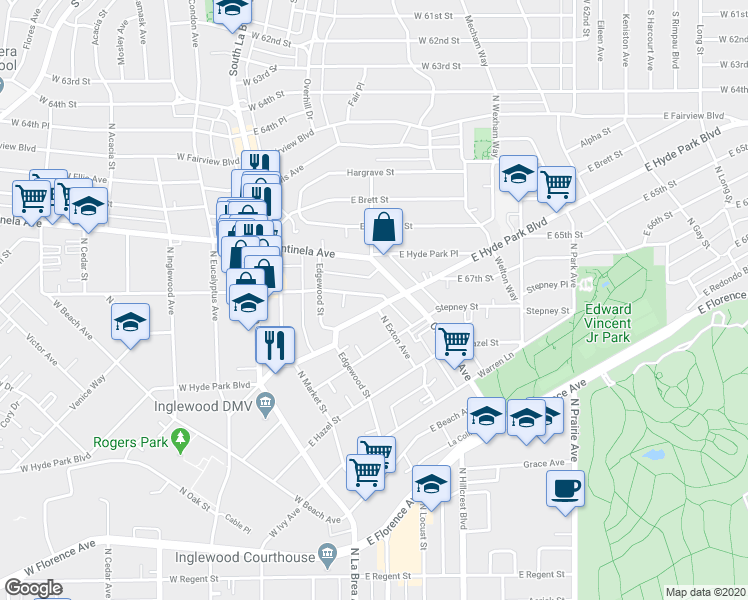 map of restaurants, bars, coffee shops, grocery stores, and more near 339 East Plymouth Street in Inglewood