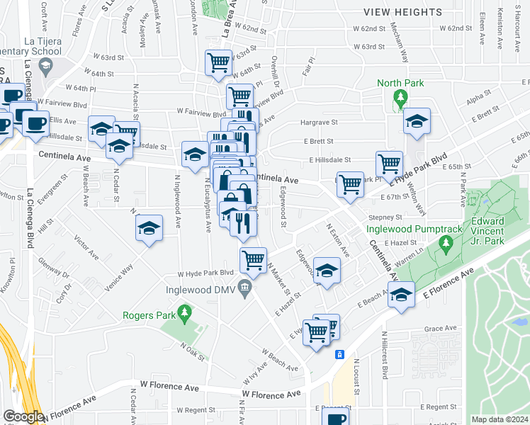 map of restaurants, bars, coffee shops, grocery stores, and more near 908 North Market Street in Inglewood
