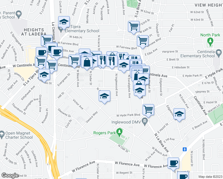 map of restaurants, bars, coffee shops, grocery stores, and more near 909 North Inglewood Avenue in Inglewood
