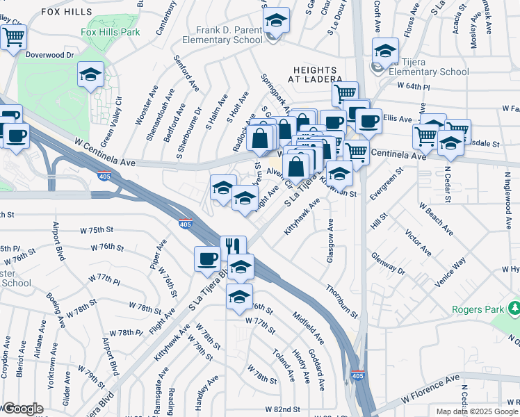 map of restaurants, bars, coffee shops, grocery stores, and more near 7100 Alvern Street in Los Angeles