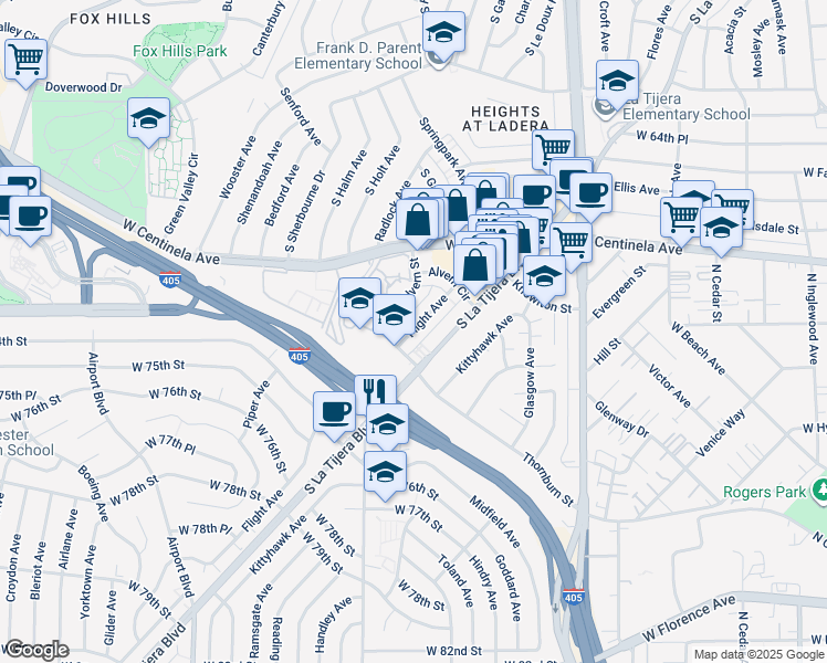 map of restaurants, bars, coffee shops, grocery stores, and more near 7100 Alvern Street in Los Angeles