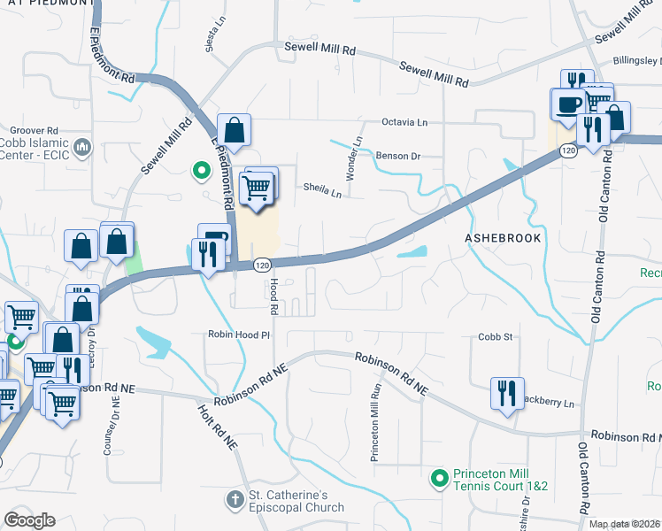 map of restaurants, bars, coffee shops, grocery stores, and more near 1039 Sterling Ridge Chase Northeast in Marietta