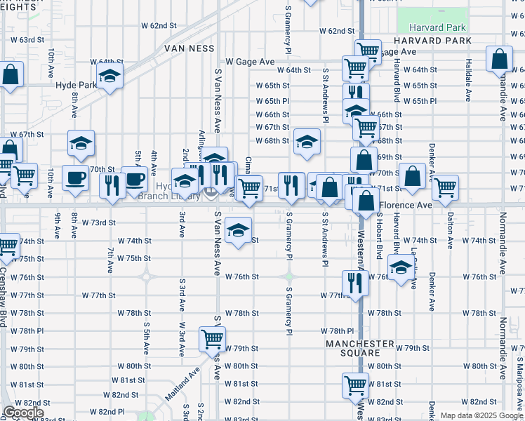 map of restaurants, bars, coffee shops, grocery stores, and more near 2048 West Florence Avenue in Los Angeles