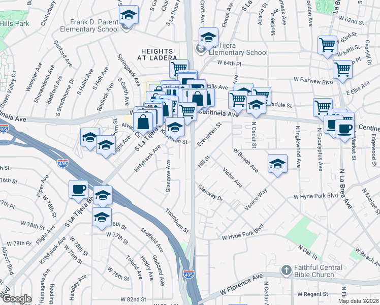 map of restaurants, bars, coffee shops, grocery stores, and more near 5217 Knowlton Street in Los Angeles