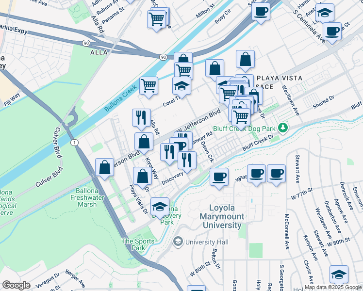 map of restaurants, bars, coffee shops, grocery stores, and more near 12963 West Runway Road in Los Angeles