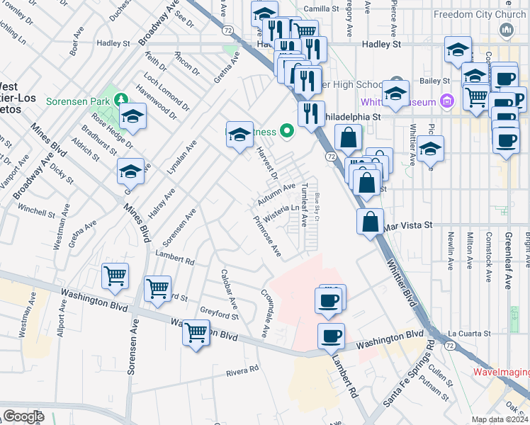 map of restaurants, bars, coffee shops, grocery stores, and more near 7351 Wisteria Lane in Whittier