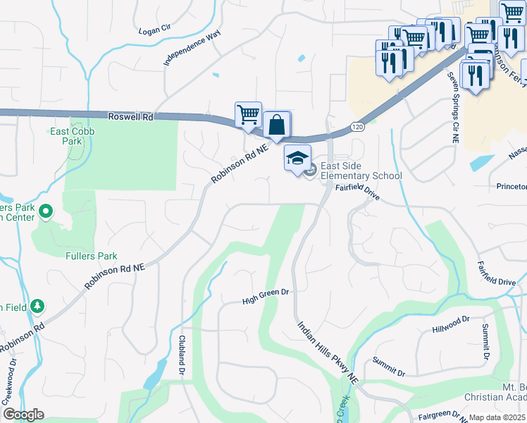 map of restaurants, bars, coffee shops, grocery stores, and more near 1001 Clubland Court in Marietta