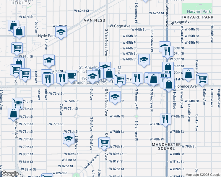 map of restaurants, bars, coffee shops, grocery stores, and more near 2151 West Florence Avenue in Los Angeles