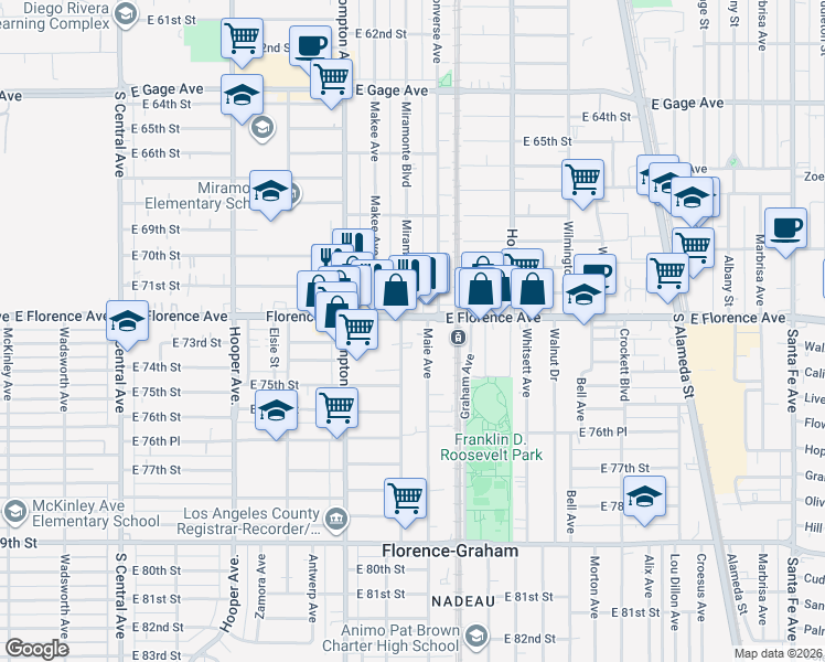 map of restaurants, bars, coffee shops, grocery stores, and more near 1600 East Florence Avenue in Los Angeles