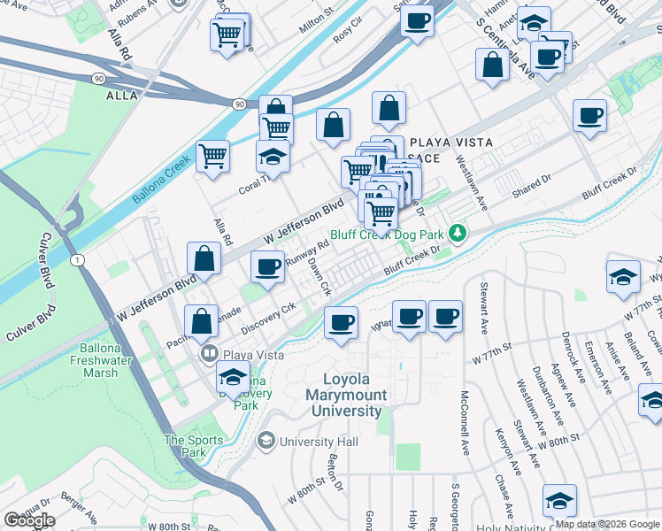 map of restaurants, bars, coffee shops, grocery stores, and more near 12873 North Seaglass Circle in Los Angeles