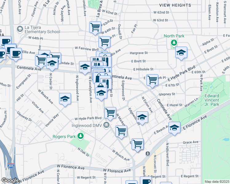 map of restaurants, bars, coffee shops, grocery stores, and more near 204 East Plymouth Street in Inglewood