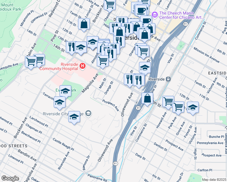 map of restaurants, bars, coffee shops, grocery stores, and more near 4459 Orange Grove Avenue in Riverside