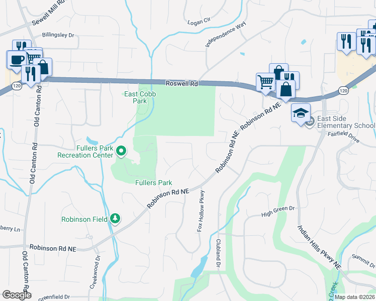 map of restaurants, bars, coffee shops, grocery stores, and more near 986 Hidden Hollow Drive in Marietta