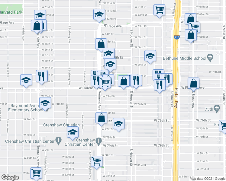 map of restaurants, bars, coffee shops, grocery stores, and more near 916 West Florence Avenue in Los Angeles