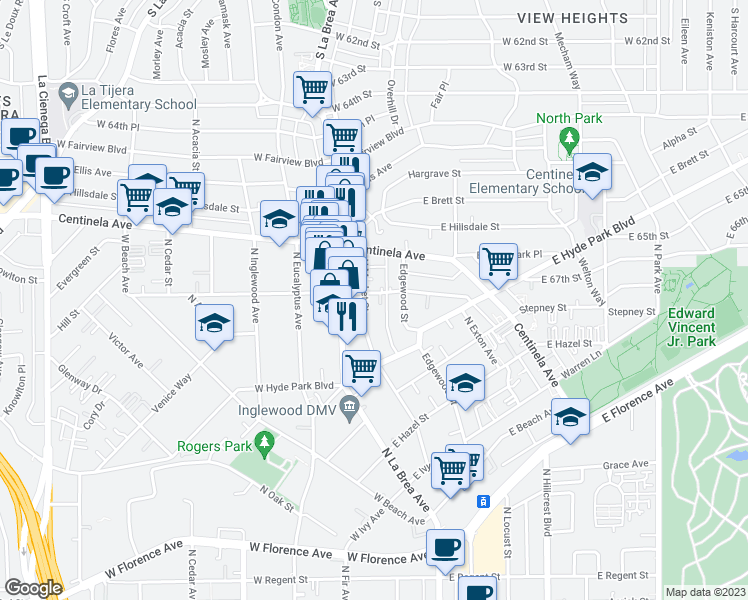 map of restaurants, bars, coffee shops, grocery stores, and more near 204 East Plymouth Street in Inglewood