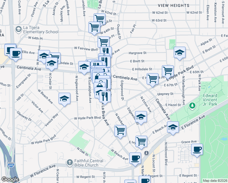 map of restaurants, bars, coffee shops, grocery stores, and more near 204 East Plymouth Street in Inglewood
