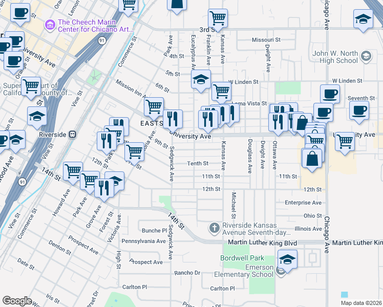 map of restaurants, bars, coffee shops, grocery stores, and more near 2315 9th Street in Riverside