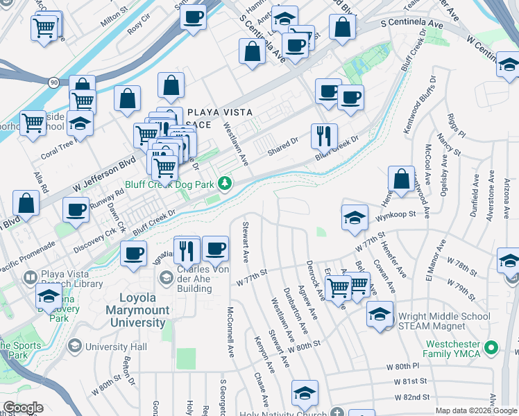 map of restaurants, bars, coffee shops, grocery stores, and more near 7305 Westlawn Avenue in Los Angeles
