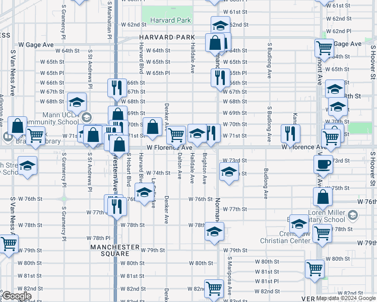 map of restaurants, bars, coffee shops, grocery stores, and more near 1508 West Florence Avenue in Los Angeles