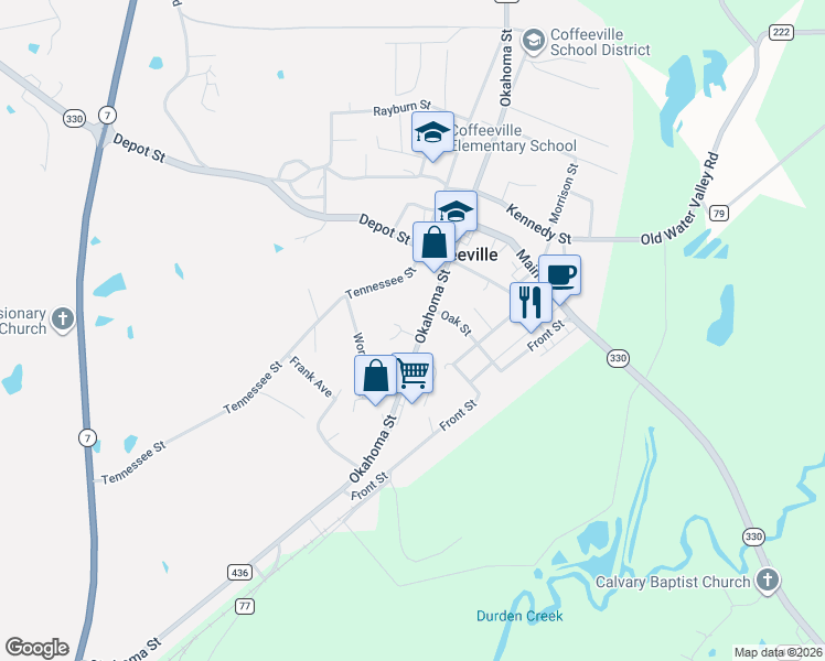 map of restaurants, bars, coffee shops, grocery stores, and more near 76-628 Peeples in Coffeeville