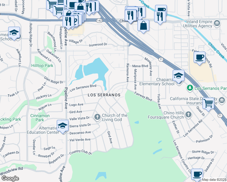 map of restaurants, bars, coffee shops, grocery stores, and more near 4407 Lilac Circle in Chino Hills