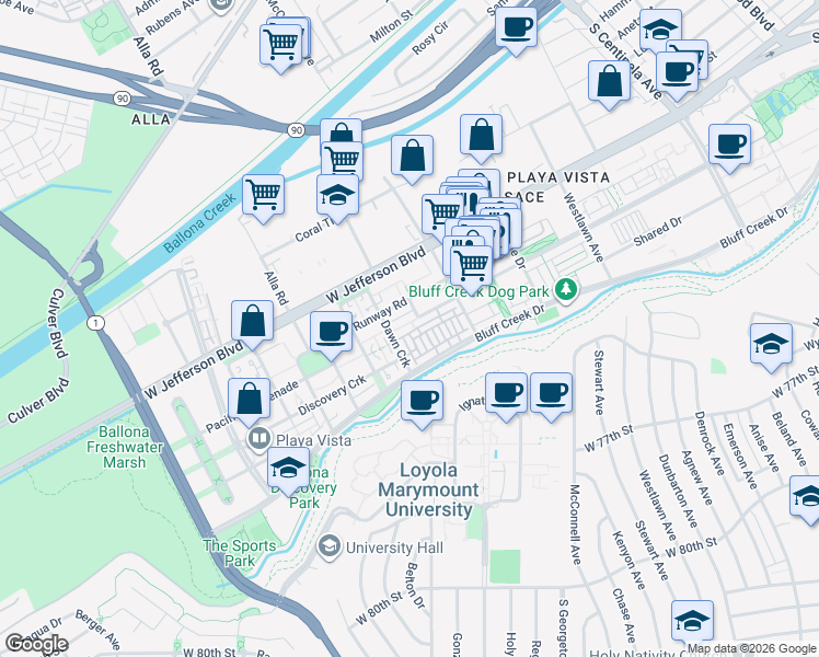 map of restaurants, bars, coffee shops, grocery stores, and more near 12869 North Seaglass Circle in Los Angeles