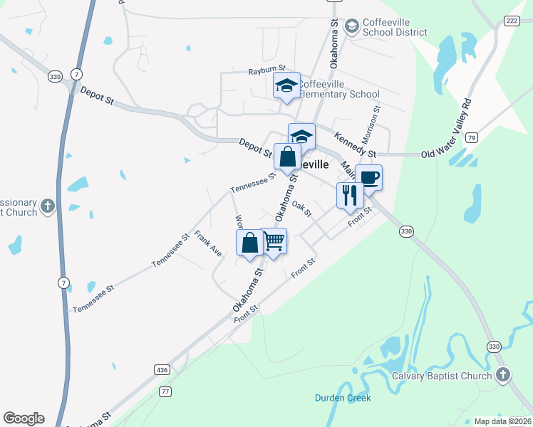 map of restaurants, bars, coffee shops, grocery stores, and more near 76 Peeples Drive in Coffeeville