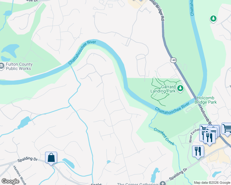 map of restaurants, bars, coffee shops, grocery stores, and more near 7320 Chattahoochee Bluff Drive in Atlanta