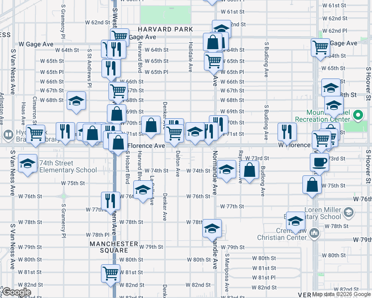 map of restaurants, bars, coffee shops, grocery stores, and more near 1529 West Florence Avenue in Los Angeles
