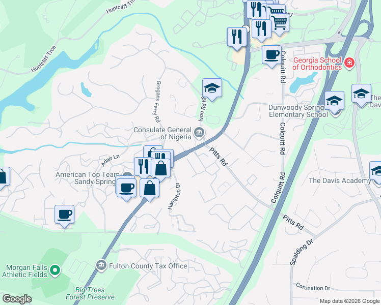 map of restaurants, bars, coffee shops, grocery stores, and more near 8040 Roswell Road in Sandy Springs
