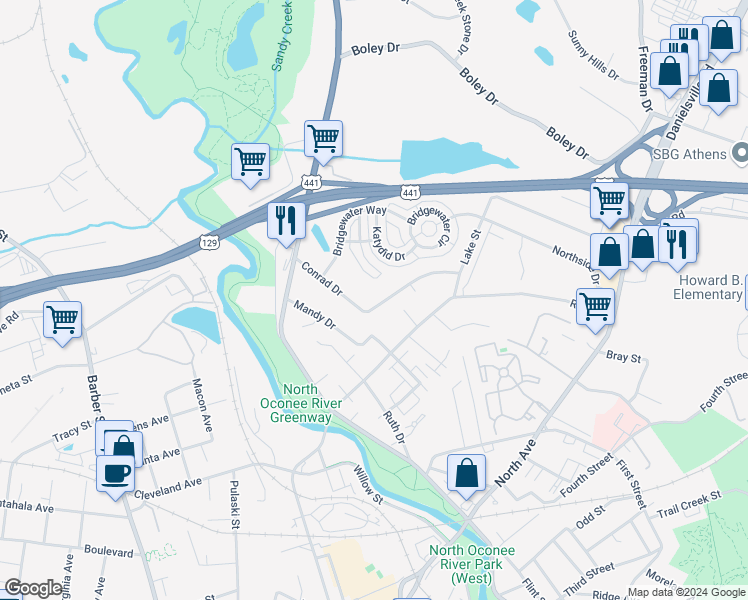 map of restaurants, bars, coffee shops, grocery stores, and more near 225 Conrad Drive in Athens