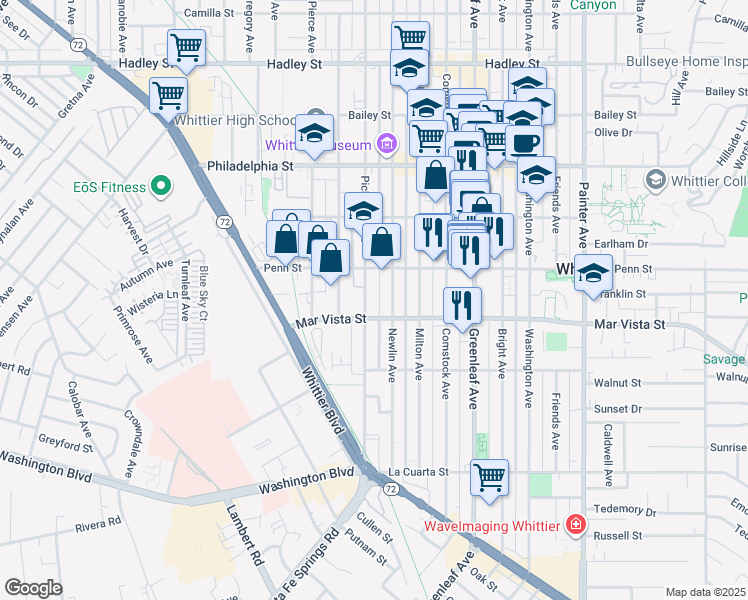 map of restaurants, bars, coffee shops, grocery stores, and more near 7319 Newlin Avenue in Whittier
