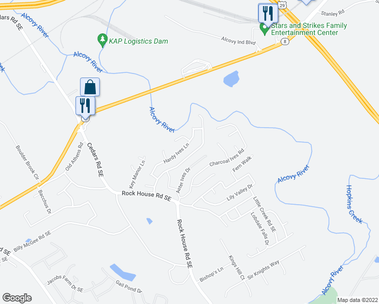 map of restaurants, bars, coffee shops, grocery stores, and more near 329 Hardy Water Drive Southeast in Lawrenceville