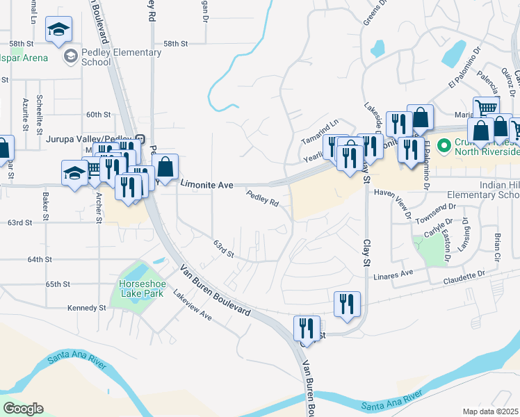 map of restaurants, bars, coffee shops, grocery stores, and more near 6331 Pedley Road in Riverside