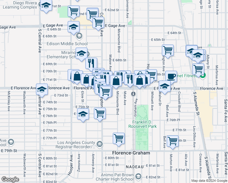 map of restaurants, bars, coffee shops, grocery stores, and more near 1544 East Florence Avenue in Los Angeles