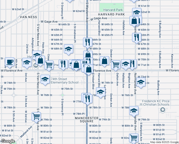 map of restaurants, bars, coffee shops, grocery stores, and more near 1734 West 71st Street in Los Angeles