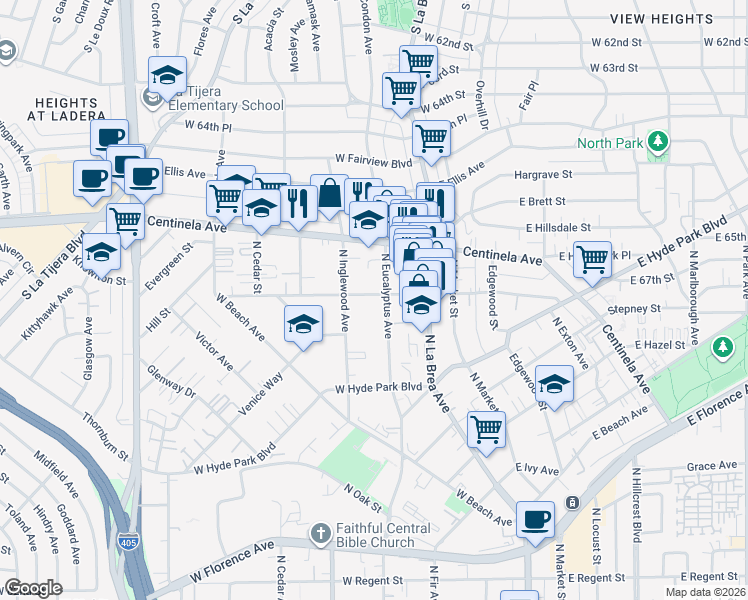 map of restaurants, bars, coffee shops, grocery stores, and more near 221 West Plymouth Street in Inglewood