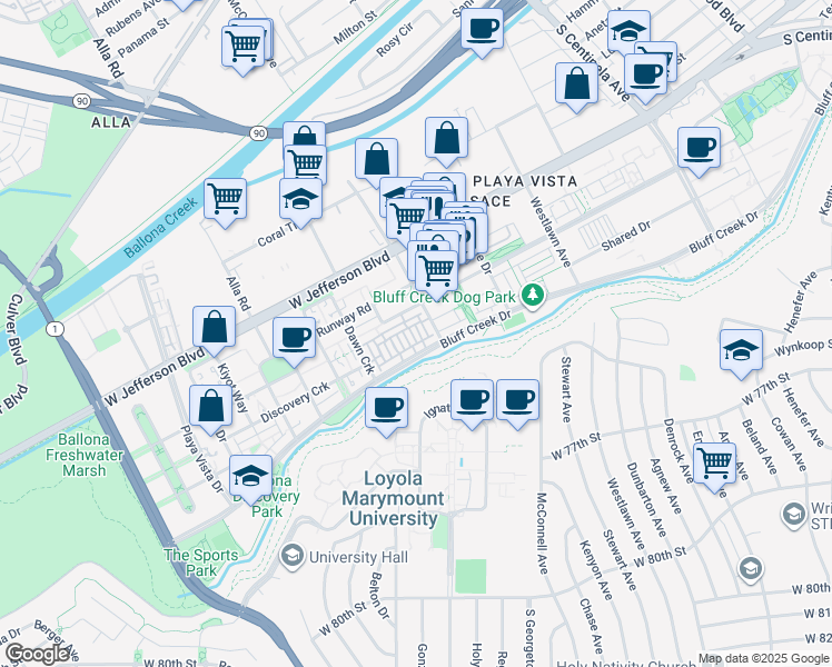 map of restaurants, bars, coffee shops, grocery stores, and more near 5828 South Sparrow Court in Los Angeles