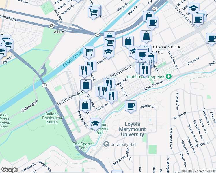 map of restaurants, bars, coffee shops, grocery stores, and more near 12963 West Runway Road in Los Angeles