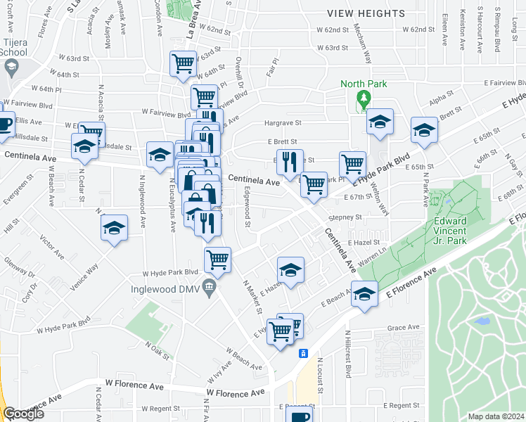 map of restaurants, bars, coffee shops, grocery stores, and more near 320 East Plymouth Street in Inglewood