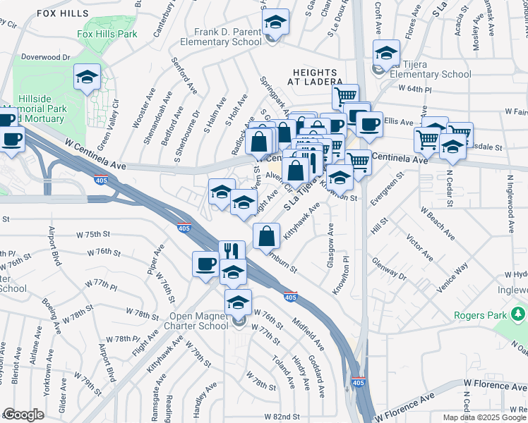 map of restaurants, bars, coffee shops, grocery stores, and more near 7106 Flight Avenue in Los Angeles