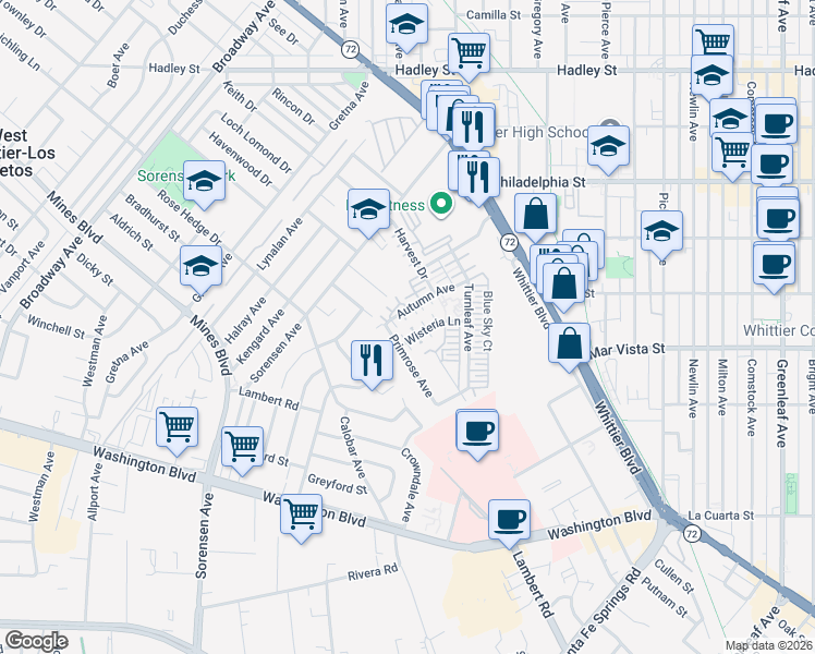 map of restaurants, bars, coffee shops, grocery stores, and more near 7351 Wisteria Lane in Whittier