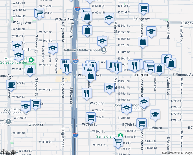 map of restaurants, bars, coffee shops, grocery stores, and more near 232 West Florence Avenue in Los Angeles