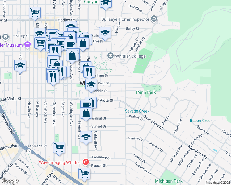map of restaurants, bars, coffee shops, grocery stores, and more near 13716 Franklin Street in Whittier