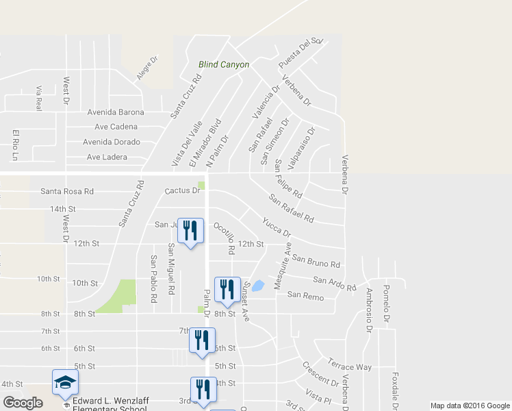 map of restaurants, bars, coffee shops, grocery stores, and more near 66640 Yucca Drive in Desert Hot Springs