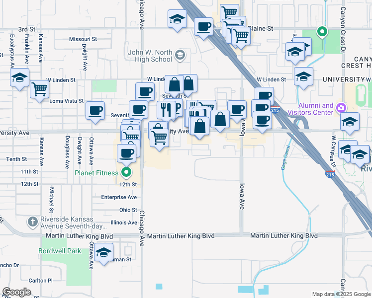 map of restaurants, bars, coffee shops, grocery stores, and more near 3939 Cranford Avenue in Riverside