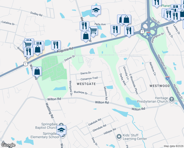 map of restaurants, bars, coffee shops, grocery stores, and more near 3124 Sierra Drive in West Columbia