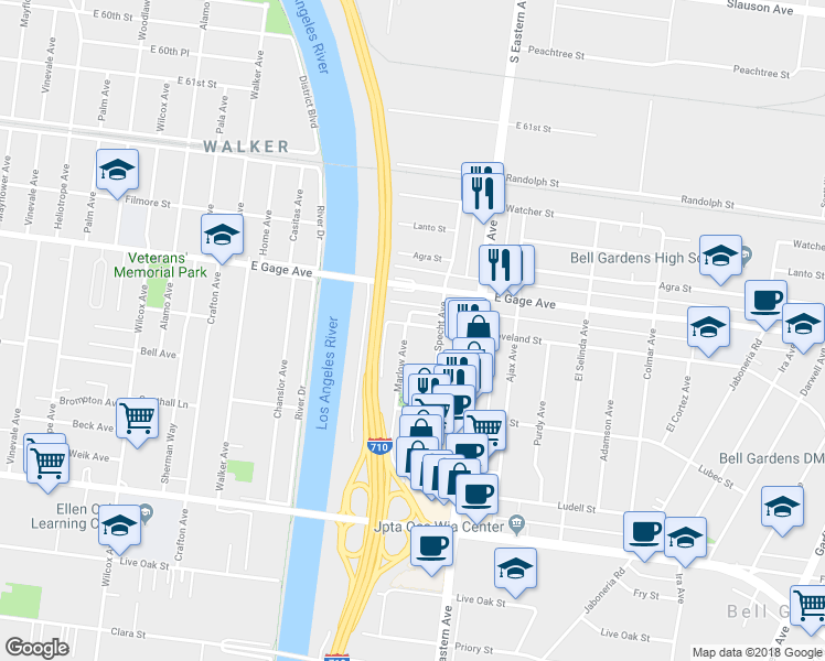 map of restaurants, bars, coffee shops, grocery stores, and more near 5536 Loveland Street in Bell Gardens