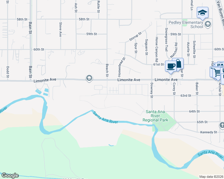 map of restaurants, bars, coffee shops, grocery stores, and more near 9751 New Forest Lane in Jurupa Valley